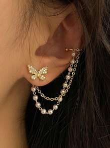 Elegant Butterfly Ear Studs With Chain, Retro Style, CZ Decorated, Zinc Alloy, Suitable For Daily Wear And Parties, Accessory For All Seasons - Gold - View 9