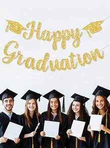 2 piezas Birrete de graduación con brillo dorado, Banner decorativo colgante con fondo "Feliz Graduación" para celebración de fiesta de temporada de graduación - Dorado - Ver 3
