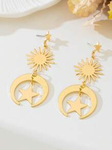 1 对镀金星星和新月吊坠耳环，女士珠宝 - 金黃色 - 查看 3