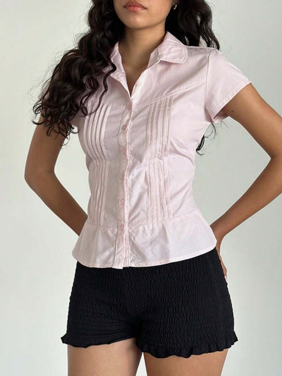 Women Y2k Fairy Grunge Button Down Shirts Short Sleeve Lapel Collar Slim Fit T Shirt Going Out Blouses Crop Tops Vinatge Aesthetic Clothes Summer E-Girls Streetwear 2000s - 粉色 - 查看 1