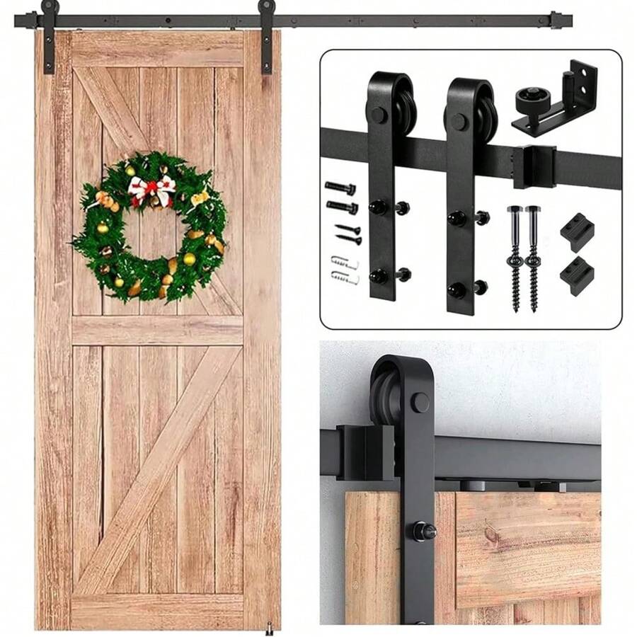 Resistente Kit de Riel de Puerta Corredera de 6.6 Pies de Ruedas Grandes, Kit de Herrajes para Puerta Corredera de Granero, Adecuado para Puertas Individuales,Graneros,Trastero,Garajes (2 m) - Negro - Ver 1