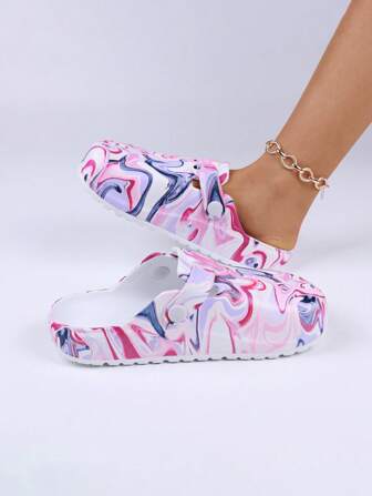 女士时尚可调节带扣印花一脚蹬拖鞋，室内家居 EVA 软底防护凉鞋