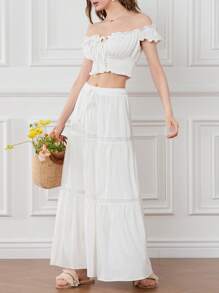 Womens Two Piece Summer Outfits Off Shoulder Frill Trim Crop Tops And Long Skirt Set Beachwear