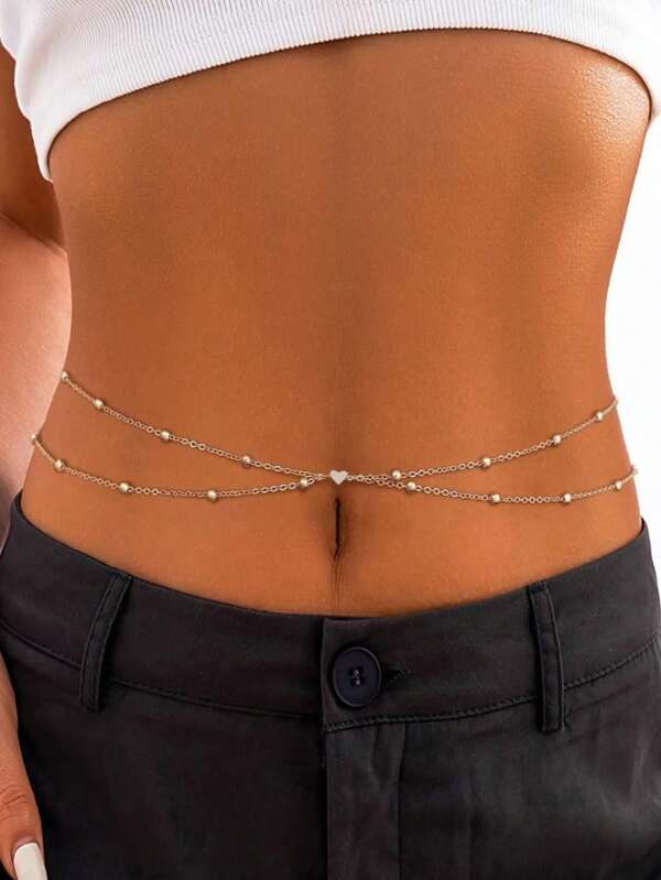 1pc Women Heart-Shaped Copper Bead Criss-Cross Layered Waist Chain, Minimalist Bikini Waist Chain