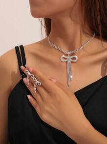 3 pezzi Set di collana girocollo e orecchini con fiocco di cristallo e strass per donne, orecchini a fiocco in argento e zirconia luccicanti per spose, matrimoni, feste e accessori eleganti per San Valentino