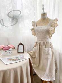 1 szt. haftowany fartuch z kwiatami, nowoczesny fartuch z falbanką z tkaniny do domu, kuchni, łazienki, domu, dostawców gospodarstwa domowego - Beżowy - Zobacz 3