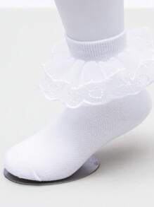 1雙女嬰幼兒純棉素色蕾絲飾邊短襪，舞蹈襪，公主風短襪 - 白色 - 查看 3