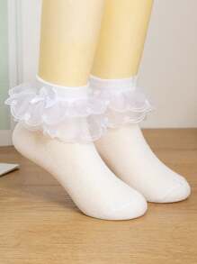 1 Đôi tất lưới viền ren đôi màu trơn cho bé gái, thích hợp để khiêu vũ, dự tiệc - trắng - Xem 2