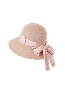 1 pieza Sombrero de paja de verano de unicolor para mujer, sombrero redondo de moda versátil y casual con decoración de perlas y moño, adecuado para compras diarias