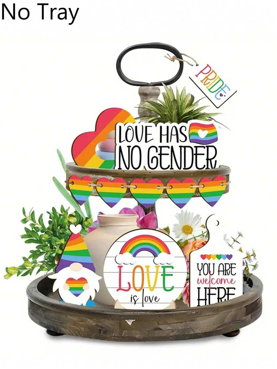12 piezas Decoración para bandeja de varios niveles del Mes del Orgullo LGBTQ+, letreros de madera con arcoíris "El amor gana", "El amor no tiene género" para decoración del hogar y cocina, suministros para fiesta del Orgullo LGBTQ+ (sin bandeja)