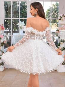 UNITHORSE UNITHORSE V-Neck Strapless Dress With Long Sleeves, Luxurious Lace Trim Decorated Skirt, Light Wedding Dress, Fishtail Waist Formal Dress,Bride, All White Party Outfit Women