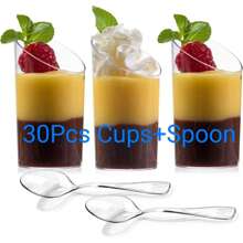 10/20/30/40/50 Piezas Vasos de postre de 2.5oz/80ml con cucharas, redondeados y en ángulo, de plástico transparente para parfait, aperitivos, pequeños vasos, cuencos para degustar postres y aperitivos en fiestas