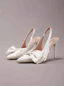 Giày sandal cao gót nơ cho nữ, giày cao gót mũi nhọn gợi cảm màu trắng satin thời trang, giày dự tiệc thanh lịch, giày bít mũi nữ, trang phục cưới sang trọng. - trắng - Xem 6