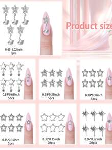 65 件星形指甲饰品水晶心形蝴蝶什锦宝石银色水钻珍珠适用于指甲 Y2K 指甲珠宝适用于美甲
