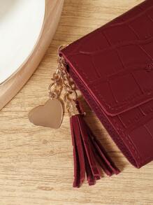 Fashionable Tri-Fold Women's Short Wallet In Burgundy With Crocodile Texture And Heart-Shaped Hardware, Premium Leather Material, Multi-Card Slots For Credit Card, Bank Card, And Coin Storage, Compact Design For Bills And Coins, Tassel Pendant For Stylish Look, Perfect For Travel, Work, And Daily Use, Ideal Gift For Girlfriend, Mother, Or Teacher, And Elegant Design - Rose Red - View 8