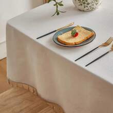 MeijiaMo 1 件手工涤纶矩形桌布，波西米亚农舍风格，米色流苏装饰，适合节日装饰、餐厅、酒店、派对、卧室、客厅、圆形餐桌，四季皆宜 - 乳白色 - 查看 8