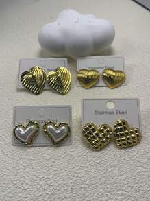 1 par/4 pares de aretes minimalistas con forma de corazón y flor geométrica, aretes mini ligeros y compactos de nicho coreano para mujeres