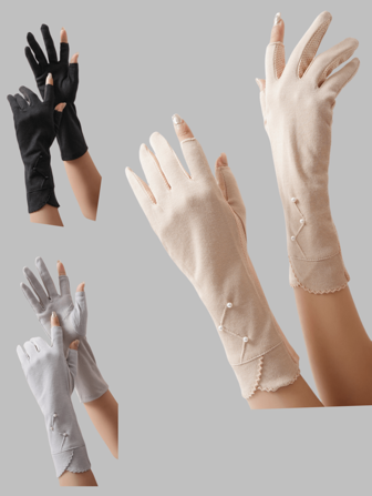 1 双女士超长珍珠防晒防滑露指手套，休闲波西米亚风派对可爱街头优雅荷叶边骑行手套，适合单身派对、生日、社交活动、日常穿着、春夏