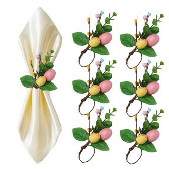 6-Piece Set, Easter Eggs, Flowers, Leaves, Countryside Eucalyptus Vines, Napkins, Ring Frames, Farmhouses, Spring Dining Table Decorations, Family Dining Banquets, Weddings, Easter Holidays, Dining Table Decorations