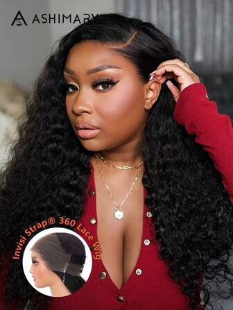 Ashimary Deep Wave Invisi Strap Snug Fit 360 Glueless Wig Transparent Lace Frontal Wig Bleached Knots Pre-Cut Lace Natural Black Color Hair 100% Human Hair Pre-Plucked Natural Hair Line Wig