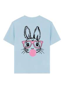 A Casual Printed Round Neck Pullover Short Sleeved T-Shirt For Girls And Boys, Designed For Summer Students And Young Children's Clothing - Cute, Glasses Wearing, Rabbit Animal Series, Artistic Style T-Shirt That Inspires Imagination And Self-Expression! Kids Clothes Girls Graphic Tees Summer Tops Tween Girl Clothes