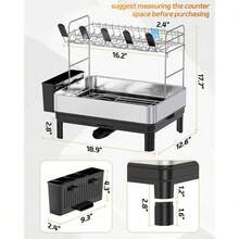 Dish Drying Rack, Thicker Premium 304 Stainless Steel 2 Tier Dish Drying Rack For Kitchen Counter, Rotatable Spout, Multifunctional Large Dish Rack With Cup Holder, Utensil Holder, Black