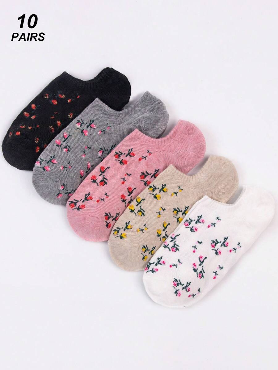 10 Pairs Cute Ditsy Floral Retro Women Casual Short Socks, Ankle Socks Suitable For Daily Wear, Commuting, Sports, Various Holidays, Spring/Summer - Multicolor - View 1