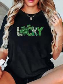 Women's "Lucky" St. Patrick's Day T-Shirt - Casual Black Crew Neck With Green Shamrock Print, Soft, Short Sleeve, Perfect For Spring & Summer Celebrations Tee For Adult, Men, Women, Teen, Teenager, Adolescent, Youth - Printing T Shirts
