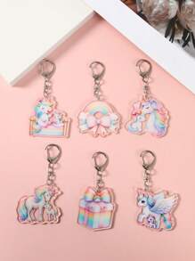 6 pièces Porte-clés acryliques style licorne, pendentifs thème licorne colorés de 4,6 * 8,5 cm pour la décoration des cadeaux d'anniversaire, de révélation du sexe d'un nouveau-né, sacs-cadeaux, sacs tissés, fêtes d'anniversaire