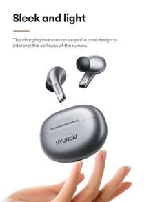 HYUNDAI 现代 LP5 蓝牙耳机，半入耳式 Hi-Fi 立体声，高清通话带麦克风，低延迟，触摸控制，适合音乐、游戏、运动、学习，配有适用于智能手机和电脑的硅胶无线耳塞 - 灰色 - 查看 4
