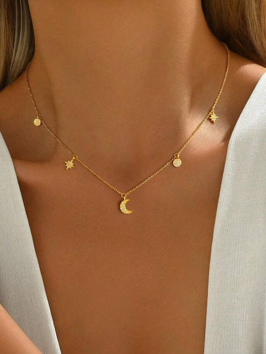 ESBERRY 1PC S925/925 Sterling Silver Simple Stars Star And Moon Tassel Necklace Shiny Zirconia Moon Pendants Necklaces For Women Gift Fine Jewelry