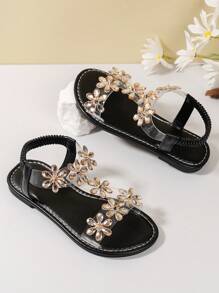 1 Pair Infant/Toddler Girls Rhinestone Sunflower Jelly Sandals, Transparent Strap, Flat, Round Toe, Elastic, Non-Slip, Fashionable, Cute, Comfortable, Casual, Suitable For 3-15 Years Old Boys And Girls, School, Gathering, Wedding, Indoor, Outdoor, Beach, Spring/Summer