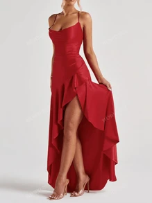 Vestido con cuello cuadrado, volante y lazo en la espalda con volante en el bajo para mujer, otoño