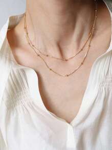 Nooxian 2pcs Women Layered Necklace Set, Stainless Steel Round Snake Chain & Bead Chain, Versatile Daily Wear, Gift Accessory (Random Chain & Bead Quantity) - Yellow Gold - View 1