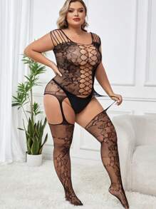 Plus Size Women Lace Lingerie Set, Hollow Out See-Through Seductive Jacquard Seamless Crotchless Bodystocking Without Thong - Black - View 3