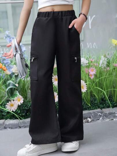 Dziewczęce modne spodnie użytkowe z kieszeniami na suwak, szerokie nogawki, na każdą porę roku