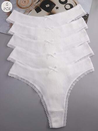 5pcs Ladies' White Lovely Bow Lace Trim Sexy Thong Panties