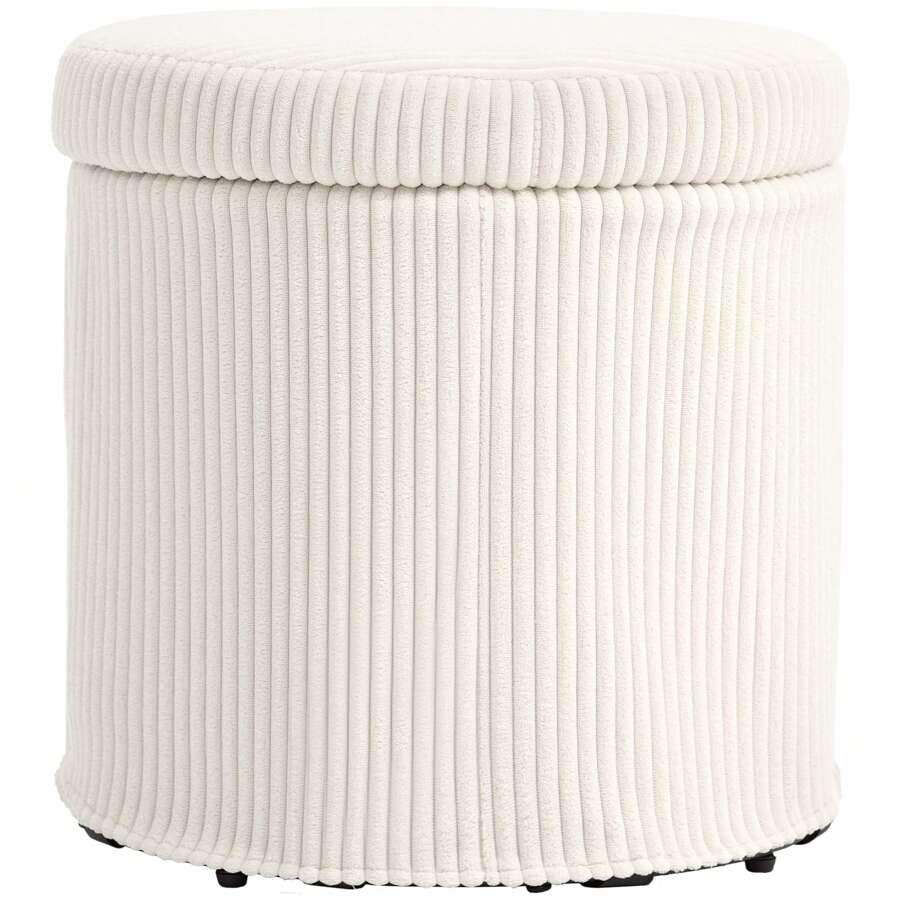 HOMCOM 40cm Round Storage Ottoman, Corduroy Footstool With Removable Lid And Legs, Vanity Stool For Living Room, Bedroom - Beige - View 1
