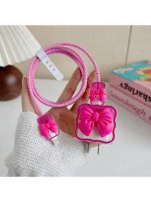 5pcs/Set Phone Charger Protector Case, Compatible With Apple 18/20W Charger, Includes 3D Glitter Bow Charger Protector Case And Data Cable Protector Strap, Suitable For IPhone 16/15/14/13/12/11, Anti-Scratch And Anti-Drop TPU Soft Shell, Protecting Cable And Charger - Hot Pink - View 3