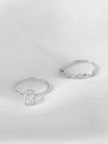 2pcs/Set Women's Silver Zirconia Ring Set, Suitable For Wedding And Engagement Occasions - Silver - View 5