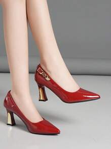 Sepatu hak tinggi wanita model slip-on warna solid klasik, nyaman, dan serbaguna berwarna merah dengan hiasan gesper, cocok untuk semua musim, elegan. - Merah - View 3
