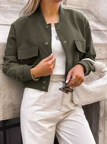 Apperloth A Women's Short Bomber Jacket, Flap Pockets, Button Front, Lightweight Loose Baseball Collar Coat - Army Green - View 3