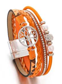 1pc Life Tree Pearl & Orange Leather Bracelet, Mother's Day Gift For Women