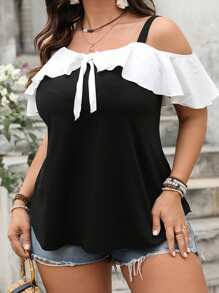 Women Plus Size Tank Tops Stylish Bow Design Contrast Color Ruffled Summer Cold Shoulder Vest