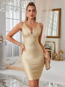 Vestido ajustado de fiesta con escote en V profundo, brillo metálico y envolvente ajustado, vestido de cóctel para invitados de boda