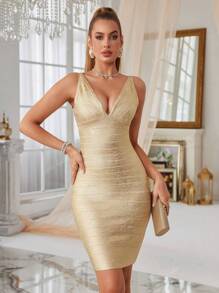 Plunging V-Neck Foiled Tight Shimmering Party Wrap Tight Dress, Wedding Guest Cocktail Dress