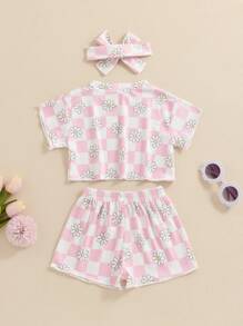 Toddler Girl Clothes 6M 12M 18M 24M 3T 4T Baby Girls Outfits Summer Floral Checkerboard Print Shirt+Shorts+Headband 3pcs Baby Clothing - 粉色 - 查看 3