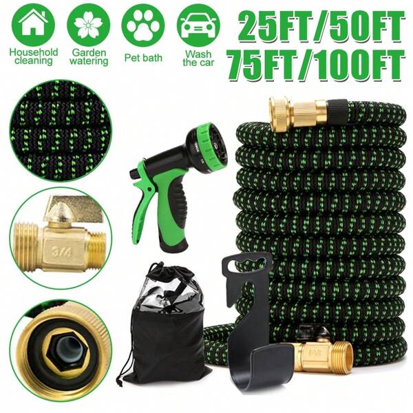 25/50/75/100ft Heavy-Duty Rubber Garden Hose With 10-Function High-Pressure Spray Nozzle, 3/4" Solid Brass Fittings & Leakproof Design For All-Season Outdoor Use - Ideal For Gardening, Cleaning, Forestry, Garden Hose Nozzle Sprayer