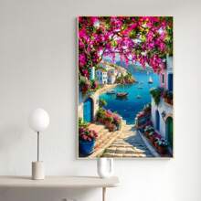 1 Cartel de impresión en lienzo de una aldea escénica frente a la playa, arte de pared moderno, pintura decorativa, adecuada para el hogar, dormitorio, sala de estar, baño, oficina, decoración del hogar, decoración de pared
