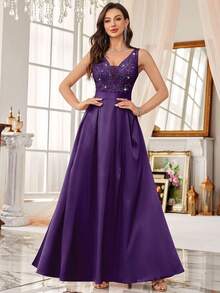 MIUSOL Váy dự tiệc sang trọng bằng vải satin cổ chữ V sâu, ren hoa, không tay, dáng chữ A, váy dự tiệc sang trọng, dự tiệc tốt nghiệp, tiệc tối - Màu tím - Xem 5